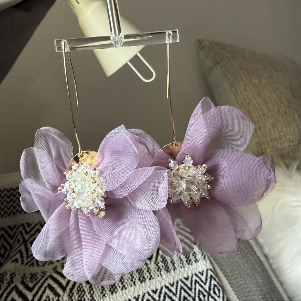 Chic Lavender Oversized Organza Floral Crystal Clusters Gold Dangle Earrings